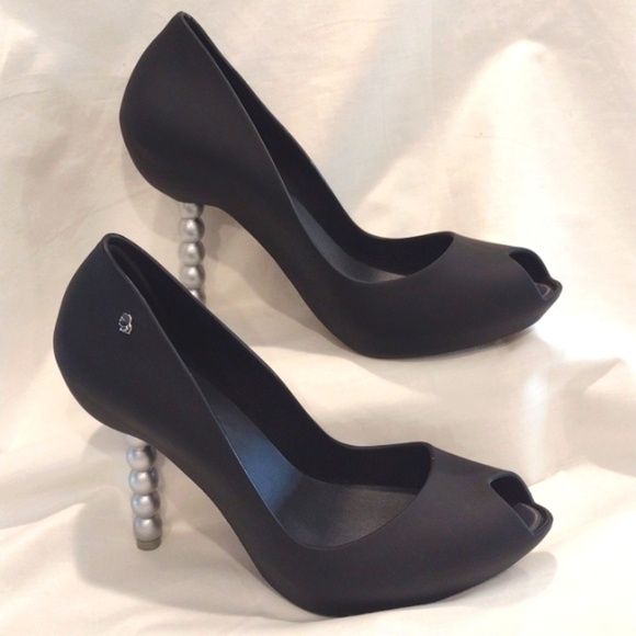 Black Melissa x Karl Lagerfeld "PEARL" Bead Peep Toe Heel Pumps US Size 7 - Picture 2 of 9